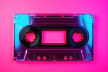 Retro audio cassette tape with vibrant colors on pink background. 80s and 90s music and design.	