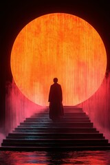Crimson Ascent: A Figure Ascends towards a Glowing Orb Generated AI