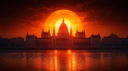 Naklejka premium Dramatic sunset over Hungarian Parliament building, reflected in the fiery water.