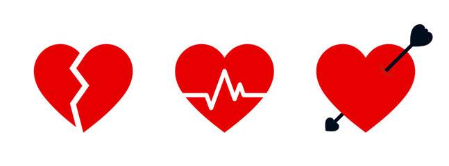 Red Heart Icons. Stylised broken heart icon, medical heartbeat icon, and heart with arrow. Isolated on white background. Vector Illustration.