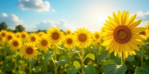 Obraz premium tall golden yellow sunflower fields on a sunny summer day, warmth, sunlight