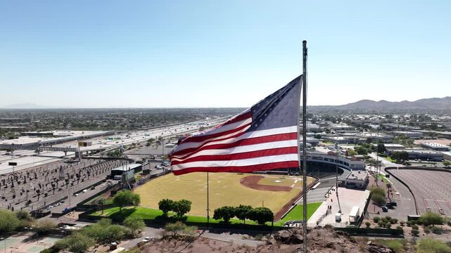 Aerial view of marriott phoenix resort tempe at the buttes with baseball field and highway, tempe, united states.