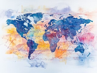 Abstract watercolor of interconnected global economy, trade routes merging into financial hubs, world map with money flow, futuristic financial web. 