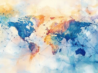 Abstract watercolor of interconnected global economy, trade routes merging into financial hubs, world map with money flow, futuristic financial web. 
