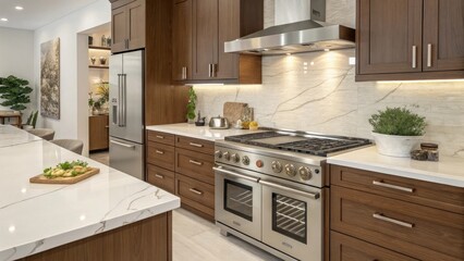 Spacious Modern Kitchen Interior Featuring Wood Cabinets and Marble Countertop with Elegant Lighting