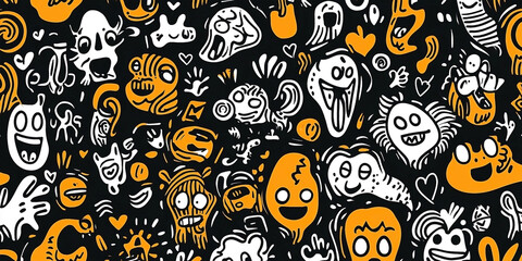 Fototapeta premium Playful Whimsical Doodle Art Pattern with Unique Characters on Black Background