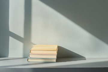 Soft sunlight illuminating a neat stack of books in pastel colors placed on a windowsill with strong shadows