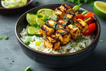 Fototapeta premium Grilled Tofu Skewers with Rice and Lime