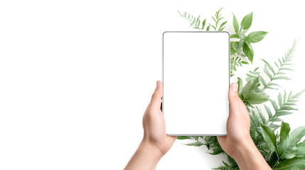 hands holding digital tablet computer with empty blank screen, person using mobile technology