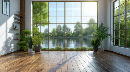 Fototapeta premium Lake View Room Modern Interior Design, Sunlit Wooden Floor with Plants and Green Decor.