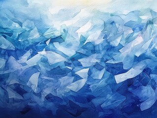 Obraz premium Abstract watercolor of tiny plastic fragments floating in a deep blue sea, fish unknowingly swimming through, environmental concern, soft hues