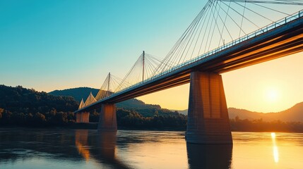 Obraz premium Majestic Bridge Over Serene Water at Sunset with Dramatic Sky and Lush Green Mountains in Background