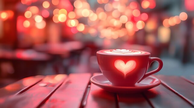 Latte Art Heart Coffee Cup Bokeh Valentine's Day Red Romance Cafe