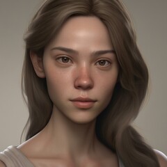 Fototapeta premium A highly detailed, hyper-realistic close-up portrait of an AI-generated human face. This digital artwork features lifelike skin textures, expressive eyes, and natural lighting.