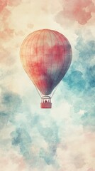 Obraz premium Watercolor Hot Air Balloon Soaring Through Pastel Clouds