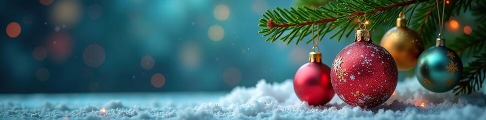 Branch of fir with multicolored snowballs and ornaments hanging from it, decorative, snow globe, multicolored snowball
