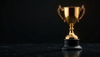 Dark glossy surface reflects golden trophy's shine, mirror like, sleek, glittering dark background
