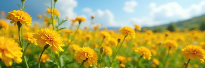 Fototapeta premium Field of marigold flowers swaying gently in the breeze, wildflowers, bright yellow flowers