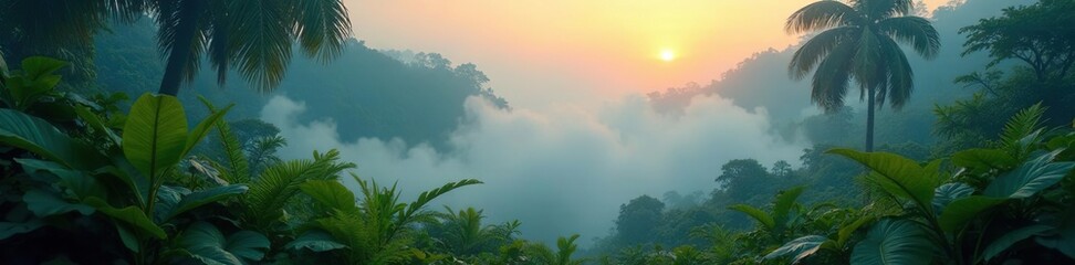 Jungle vegetation emerges from the dense fog at dawn, mist, jungle