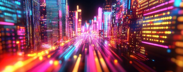 Obraz premium Futuristic Cityscape A Dynamic Global Network with Neon-Lit Data Nodes, Showcasing Seamless Information Sharing and Collaboration for Enhanced Connectivity, High-Speed Data Transfer, and Global