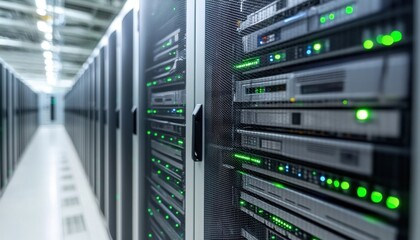 Futuristic Server Racks and Digital Cloud Data Streams A Concept of Modern Cloud Storage, High-Performance Computing, Data Center Infrastructure, and Advanced Network Technology for Secure and