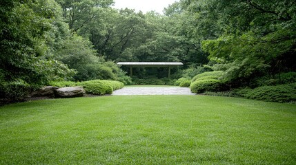 Fototapeta premium Serene garden pavilion, lush greenery, tranquil background, ideal for relaxation