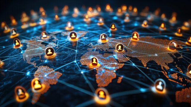 Global Network Collaboration Neon-lit Virtual Platform Visualizing Worldwide Data Flow and Interconnectedness A stunning depiction of international collaboration through a vibrant, neon-illuminated