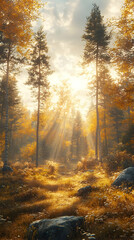 Obraz premium Golden Sunlight Streaming Through Autumn Forest