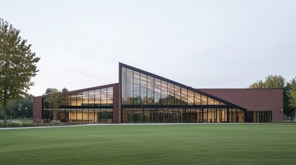 Modern brick building, park setting, dusk, architectural design