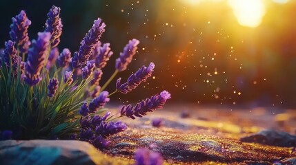 Obraz premium Lavender Flowers in Sunset Glow with Sparkling Particles and Dreamy Atmosphere