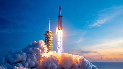 Rocket launches into the sky at a space center during sunset, illuminating the clouds and surrounding landscape with flames and smoke