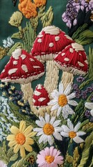 Embroidered Amanita Muscaria and Floral Arrangement on Green Fabric with Needlework Technique
