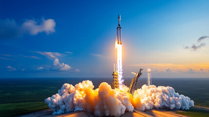 Rocket launches into the sky at a space center during sunset, illuminating the clouds and surrounding landscape with flames and smoke