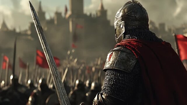 Medieval knight leads charge amidst battle with sword and red banner waving