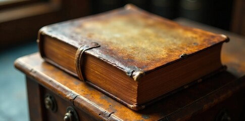 Soft illumination reveals worn leather binding and yellowed paper, vintage, study, archival