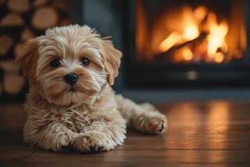 Cute puppy relaxing by a warm fireplace in a cozy indoor setting during winter evenings