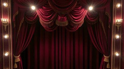 A luxurious red velvet curtain with golden tassels, slightly open, revealing a grand theater stage with warm spotlights.