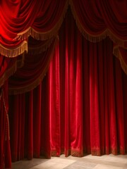 A luxurious red velvet curtain with golden tassels, slightly open, revealing a grand theater stage with warm spotlights.