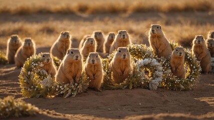 Obraz premium Group of prairie dogs adorned with floral wreaths in a golden sunset on a sandy landscape
