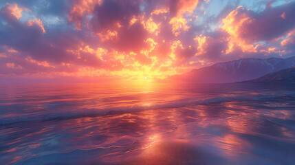 Fototapeta premium Majestic Ocean Sunset Vibrant Colors, Dramatic Mountains, Tranquil Scenic Photography.