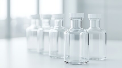 Empty glass bottles on a table, bright office background, product mockup