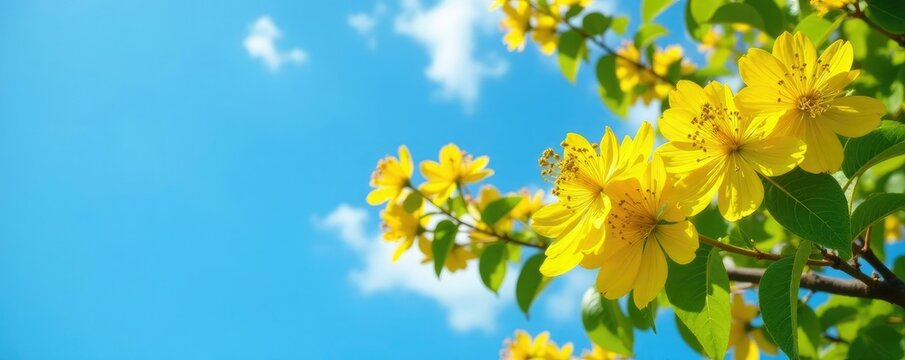 Honey locust tree with blooming flowers against a bright blue sky, nature, sunny, sky