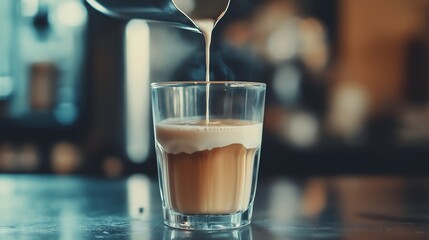 Milk Pouring into Glass of Coffee for a Creamy Drink on a Teal Table