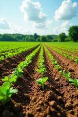 Freshly plowed field with rows of plants in the background, earthy, fields