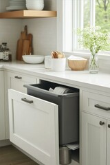 Kitchen Interior With Pull Out Trash Bin Cabinet and Rustic Wooden Decor on a Countertop