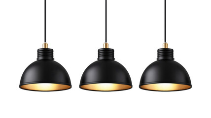 Collection/set of black pendant lights with gold interior on transparent background