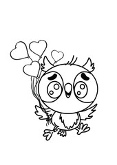 Owl cartoon isolated on white,. Drawing for coloring with a cute owl with heart shaped balloons