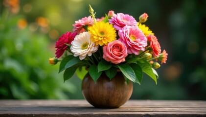 Fototapeta premium Colorful floral arrangement in a rustic wooden vase, colorful, garden