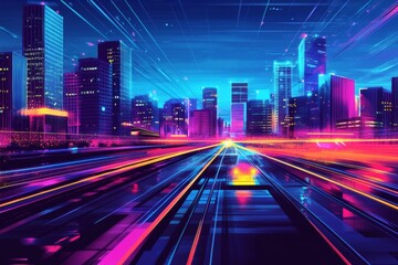 Obraz premium Neon Cityscape With Fast Moving Lights Streaking Across Paved Street At Night Abstract Design
