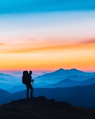Fototapeta premium Hiker Silhouette Against a Colorful Sunset Over Mountains
